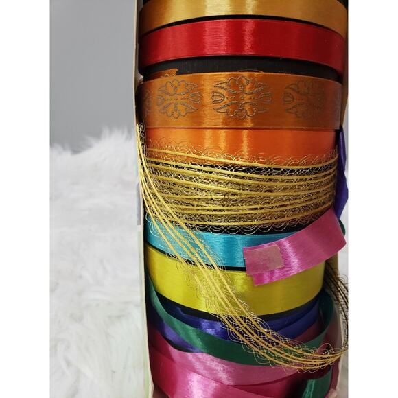 Vintage RETRO MCM Atomic Rainbow Christmas RIBBON EMPTY BOX decor boho advertise - Picture 3 of 8